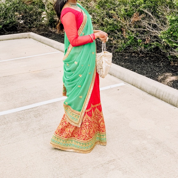 Hot pink and green lehenga - Picture 1 of 5